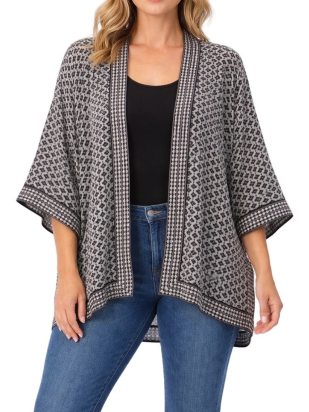 Max Studio Lightweight Black White Geometric Cardigan Boho Kimono Women’s Medium